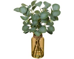 35 cm kunstmatige eucalyptus takken met amberkleurige glazen vaas, plastic plant, realistische decoratie zilveren dollar voor bruiloft tafeldecoratie kantoor woonkamer