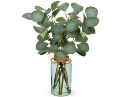 35 cm kunstmatige eucalyptus takken met blauwe glazen vaas, eucalyptus plastic plant eucalyptus kunstplanten realistische eucalyptus decoratie zilveren dollar voor bruiloft tafeldecoratie kantoor woonkamer