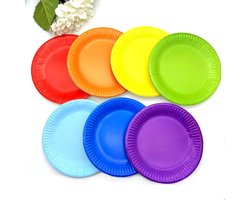 35 stuks 18 cm regenboogkleurige papieren borden, 7 inch ronde kleurrijke wegwerpborden voor kinderfeestjes voor desserts, snacks, picknicks en barbecues