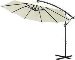 350 cm Aluminium Parasol Met Kruk - UV-Bescherming - Tuinparasol - 360° Draaibaar - Marktpolsol - Waterafstotend - Zweefparasol Met Voet - Windbescherming - Krukparasol Voor Tuin, Terras, Strand (Beige) NAIZY