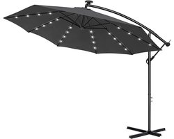 350 cm Aluminium Parasol Met LED & Kruk - UV-Bescherming - Tuinparasol - 360° Draaibaar - Marktpolsol - Waterafstotend - Zweefparasol Met Voet - Windbescherming - Krukparasol Voor Tuin, Terras, Strand (Donkergrijs) NAIZY