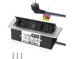 3500W/16A Aluminium Stopcontact 2 Schuko + 2 USB Intrekbaar Inbouwstopcontact Inschuifbaar Verzonken Tafelstopcontact Stekkerdoos met 1,8 m kabel voor Bureau Keuken Kantoor Vergadertafel