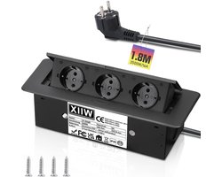 3500W/16A Aluminium Stopcontact 3 Schuko Intrekbaar Inbouwstopcontact Inschuifbaar Verzonken Tafelstopcontact Stekkerdoos met 1,8 m kabel voor Bureau Keuken Kantoor Vergadertafel, Zwart