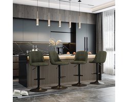 360° Draaibare Barkrukken – In Hoogte Verstelbaar – Gestoffeerde Barstoelen met Rugleuning, Voetsteun en Metaal Frame – Linnen Draaistoel voor Bar, Keuken, Toonbank, Eetkamer en Woonkamer – Groen
