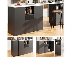 360° Draaibare Bartafel (210x30x101 cm) - Zwart Design met Marmer Werkblad & Open Opbergruimte - Multifunctioneel Keuken Eiland