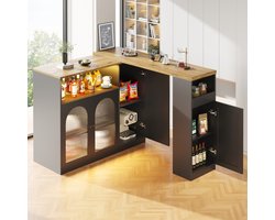 360° draaibare bartafel (hoofdeenheid: 198 x 39,6 x 97 cm), matzwarte kast met houten blad, glazen kastdeur en ledverlichting, dressoir, wijnkast, koffiehoek