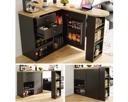 360° draaibare bartafel (hoofdgedeelte 105 x 39 x 102 cm), met 2 laden en schuifdeurkast, 3 niveaus open opbergruimte, geschikt voor eetkamer/werkkamer/woonkamer enz
