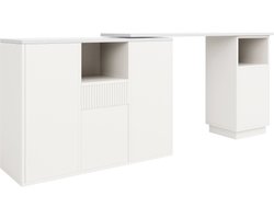 360° draaibare bartafel (hoofdgedeelte 198,5 x 30 x 75 cm), modern en eenvoudig, met open opbergruimte en marmeren werkblad, geschikt voor keuken, woonkamer en eetkamer, wit