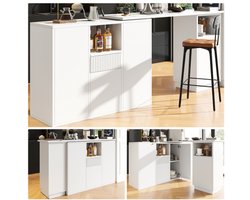 360° draaibare bartafel (hoofdgedeelte 198,5 x 30 x 75 cm), modern en strak ontwerp, met open opbergruimte en marmeren werkblad, multifunctioneel opslageiland, wit