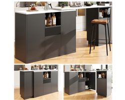 360° draaibare bartafel (hoofdgedeelte 198,5 x 30 x 75 cm), modern en strak ontwerp, met open opbergruimte en marmeren werkblad, multifunctioneel opslageiland, zwart
