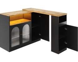 360° draaibare bartafel, matzwarte kast met houtnerf bureau, met glazen kastdeur en LED-licht, dressoir, wijnkast, koffiehoek