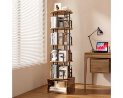 360° Draaibare Boekenkast met 5 Lagen & Extra Opbergkast - Ruimtebesparend Boekenrek - Staand - Rustiek Bruin