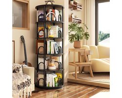 360° Draaibare Boekenkast met 5 Niveaus – Staande Houten Boekenplank voor Kinderkamer, Slaapkamer en Woonkamer – Ruimtebesparend, Verstelbaar en Duurzaam – Zwart