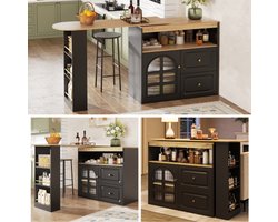 360° draaibare eettafel, strak en modern, geschikt voor slaapkamers, woonkamers, eetkamers, 2 lades, snackrek, open opbergvak, draaibaar dressoirkast met planken en gebogen glas, zwart