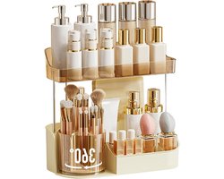 360° Draaibare Make-up Organizer voor Make-upkwasten, Cosmetica en Huidverzorging - Opslag voor Slaapkamer, Badkamer en Kaptafel (Crème, 2 Niveaus)
