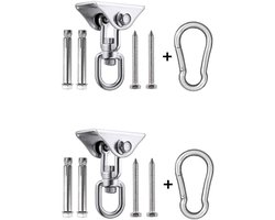 360° draaibare plafondhaak, 304 roestvrij staal, capaciteit 450 kg, met M8 karabijnhaak, schommelhaak voor hangstoel, beton, hout, yoga, hangmat, stoel, zandzak, wandhaak, gym, 2-delige set