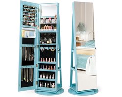 360° Draaibare Sieradenkast met Driekleurige LED-verlichting Vrijstaande Spiegelkast Blauw