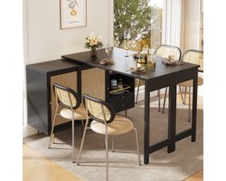 360° draaibare statafel (hoofdgedeelte: 107 x 40 x 71,4 cm), zwarte uitschuifbare design statafel, opbergkast met rotan deur + open opbergrek, geschikt voor keuken en eetkamer