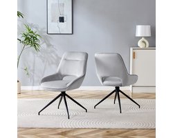 360° draaibare stoel – Eetkamerstoel – Bekleding van lichtgrijs fluweel – Onderstel met 4 poten van zwart gepoedercoat metaal – Ademend – Geschikt voor moderne eetkamers – Set van 2