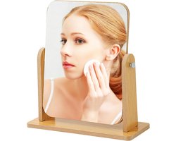 360 Graden Draaibaar Tafelblad Make-up Spiegel met Standaard, Houten Vanity Mirror Desktop Spiegel Houten Frame Cosmetische HD Spiegel voor Kantoor, Slaapkamer, Badkamer, Klein