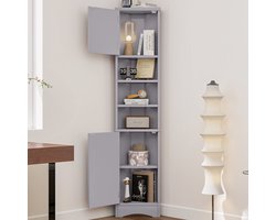 36,5 x 24,5 x 170 cm driehoekig badkamermeubel - vochtbestendige lak - drie open opbergvakken - dubbele deuren - verstelbare legplanken - grijs