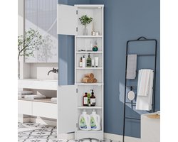 36,5 x 24,5 x 170 cm driehoekig badkamermeubel - vochtbestendige lak - drie open opbergvakken - dubbele deuren - verstelbare legplanken - wit