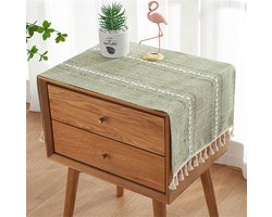 38 X 91 cm - Katoen-linnenmix - Landelijke Stijl - Stofwerend en Warmte-isolerend - Wasbaar - Geschikt voor Nachtkastjes, Dressoirs, Salontafels en Keukens - Groen Tafelkleed met Kwastjes en Kruispatroon