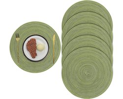 38cm/15inch Geweven Ronde 6 Stuks Placemats Warmte-isolatie antislip Gevlochten Katoen Eettafel Matten Wasbare Placematten voor Thuis Feest Bruiloft Restaurant (Groen)