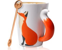 3D Fox Mok 360 ml met Lepel, Handgeschilderd Keramiek, Vos Design, Geschikt voor Vochtige Drankjes, Vrij van Lood en Schadelijke Stoffen, Vatwasch en Magnetron Veilig