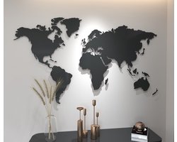 3D houten Wereldkaart modern deco muurdecoratie - Wanddecoratie - Zwart - Houten art - Muurdecoratie - Line art - Wall art - Bohemian - Wandborden - Woonkamer - 200x120cm - wandecoratie woonkamer