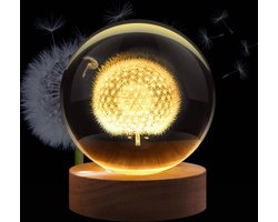 3D Kristallen Bal Paardebloem - Nachtlampje - LED Glas Licht Hologram lamp met Massief Houten Basis - Nachtlamp - Cadeau idee - Verlichting - USB aansluiting - Woondecoratie
