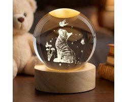 3D kristallen bol - decoratieve glazen bol met houten voet - verlichting met USB - sfeervolle tafeldecoratie - ShopVlot