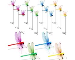 3D libellenclips - 12 stuks - Met stokjes - Buitendecoratie -Realistische plastic libellen - Tuindecoratie - Vliegenafweer - Voor hoed, huisdier, paard, hert - Binnen- en buitendecoratie - 31 cm- Rood, blauw, groen, geel
