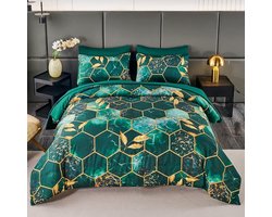 3D marmer beddengoed, 135 x 200 cm, 2-delig, groen goud, geometrisch marmerpatroon, luxe beddengoed, 100% microvezel, beddengoedsets, zacht dekbedovertrek met ritssluiting en kussensloop 80 x