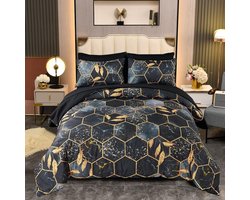 3D marmer beddengoed, 135 x 200 cm, 2-delig, zwart-goud, geometrisch marmerpatroon, luxe beddengoed, 100% microvezel, beddengoedsets, zacht dekbedovertrek met ritssluiting en kussensloop 80 x80
