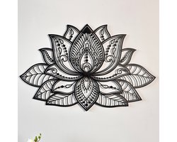 3D Metalen Mandala Wanddecoratie - Muurdecoratie - Lotusbloem Wanddecoratie - Housewarming Cadeau - Metalen Wandbord - Zwart - 67x43 CM