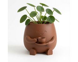 3D Print Plantenpot met Kopje Koffie – Schattige Bloempot met Gezicht – Decoratieve Bloempot voor Kamerplanten & Vetplanten – Bruin – 8,3 cm