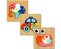 3D Puzzels - 3 Houten constructiepuzzels - Educatief speelgoed - Cadeau - Peuter - Dreumes - Voor in de auto - Voor onderweg - Kinderspeelgoed - 2 jaar - 3 jaar - 4 jaar - Jongens - Meisjes