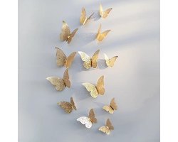 3D Vlinder Stickers inc ophangsysteem  - 12 stuks - Goud - Muurdecoratie - Decoratie kinderkamer  babykamer - Vlinders - Muurvlinder - Wand decoratie - Wanddecoratie - Woonkamer - Jongenskamer - Meisjeskamer - Driedimensionaal - Muur stickers