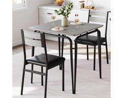 3‑delige eettafelset voor 2 personen - vierkante tafel met 2 stoelen - MDF blad & metalen frame - 74 x 74 x 76cm -Grijs