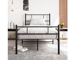 3ft Eenpersoonsbedframe met hoofdbord - stevige slatted constructie - sterke ijzeren bedbasis voor volwassenen - opbergruimte onderbed - zwart