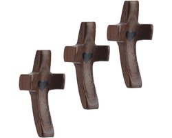 3Pcs Cross My Heart - Houten Kruisen - Bruin Hout - Crucifix - Liefde Vorm - Aanmoediging - Fingertip Pocket - Kleine Duim - Hand Held - Heldenkruis - Voor Bidden - Geweldig Kerstmis - Pasen