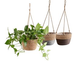 3Pcs Hangende Plantenmand,Katoenen Touw Plantenmand Zeegras Plantenmand Geweven Plantenpot Zeegras Plantenbak met Lang Hangend Touw voor Binnen Buiten Hangende Plantenmand