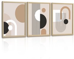 3Pcs Ingelijst Midden van de eeuw Geometrische lijnen Canvas wanddecoratie, Wit Bruin Minimalistisch Wandfoto's Noords Abstract Ingelijst Canvas Schilderij voor Slaapkamer Woonkamer Kantoor 30x40cmx3