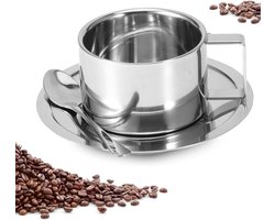 3Pcs/Set RVS Koffiemok - Dubbelwandige Koffie Beker - Lepel Schotel Set Voor Koffie Latte Cappuccino Espresso Keukenbenodigdheden - Zilver - Exquise Koffiekop