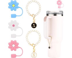 3st Strohoes voor Stanley Cup 30/40oz 10mm Bloem Siliconen Rietje Topper/Dop & 2st Gepersonaliseerd Kapitaal ID/Naam Letter Charme Tips Dekselbeschermer Bekers Accessoires (Z)