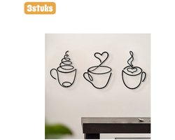 3stuks - Koffie wanddecoratie - Decoratief item - Smeedijzer - Wanddecoratie met koffiethema - Geschikt voor wanden in huis, artistiek smeedijzeren schilderij - Vintage industriële stijl - Zwart