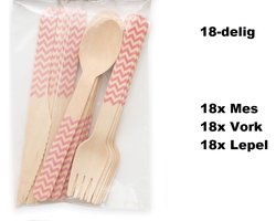 3x Bestekset wave hout 18-delig pink (54 stuks) - Feest festival thema party food diner