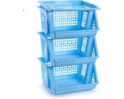 3x Blauwe opberg kratten/kasten/organizers 3 vakken 62 x 32 cm - Stapelbare manden/bakken om spullen in op te bergen