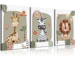 3x Ingelijste Canvas Wanddecoratie Kinderkamer: Boho Dieren Safari (Jungle Thema)